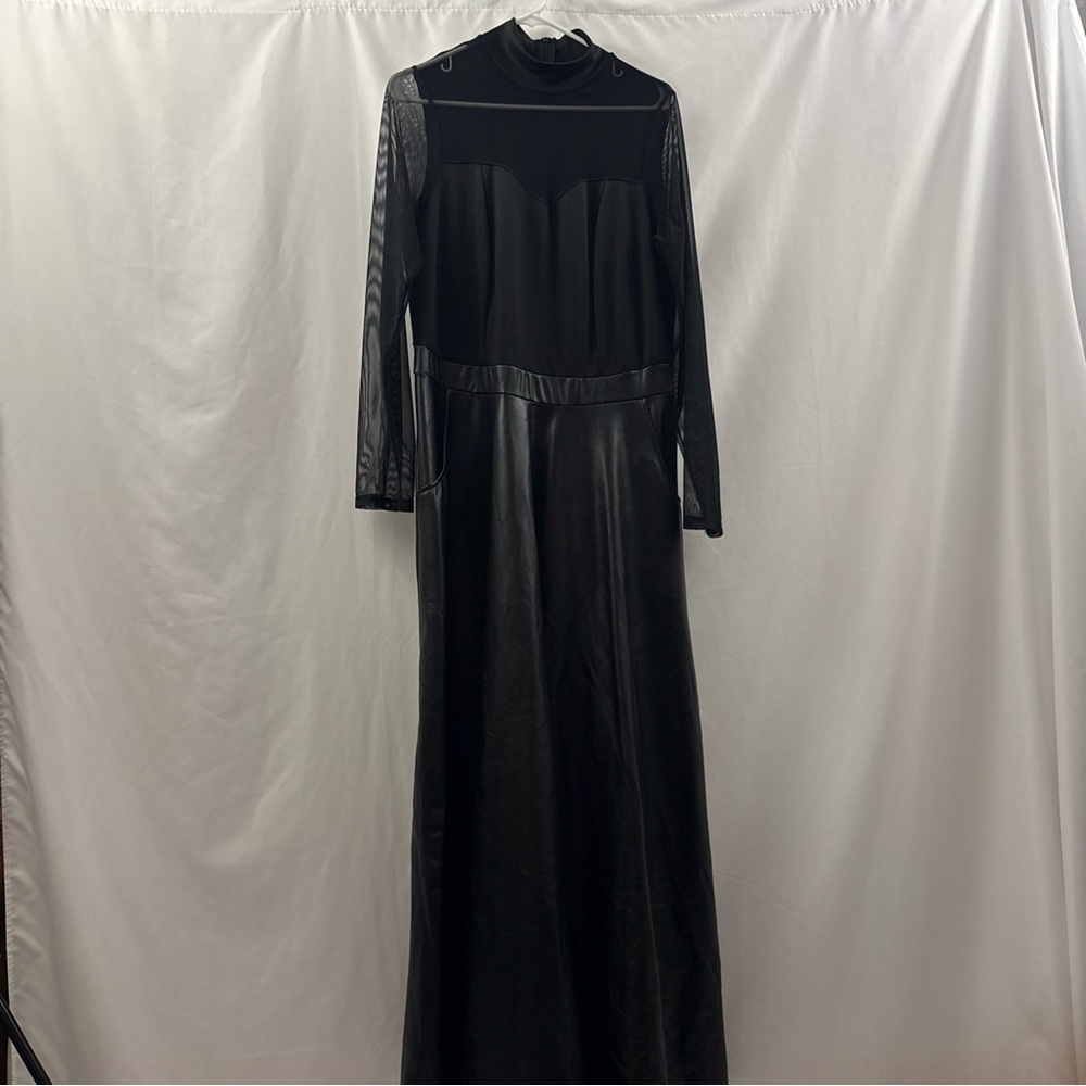 Ashley Stewart Black Faux Leather Long Sleeve Maxi 14/16 Dress Sheer Mock Neck